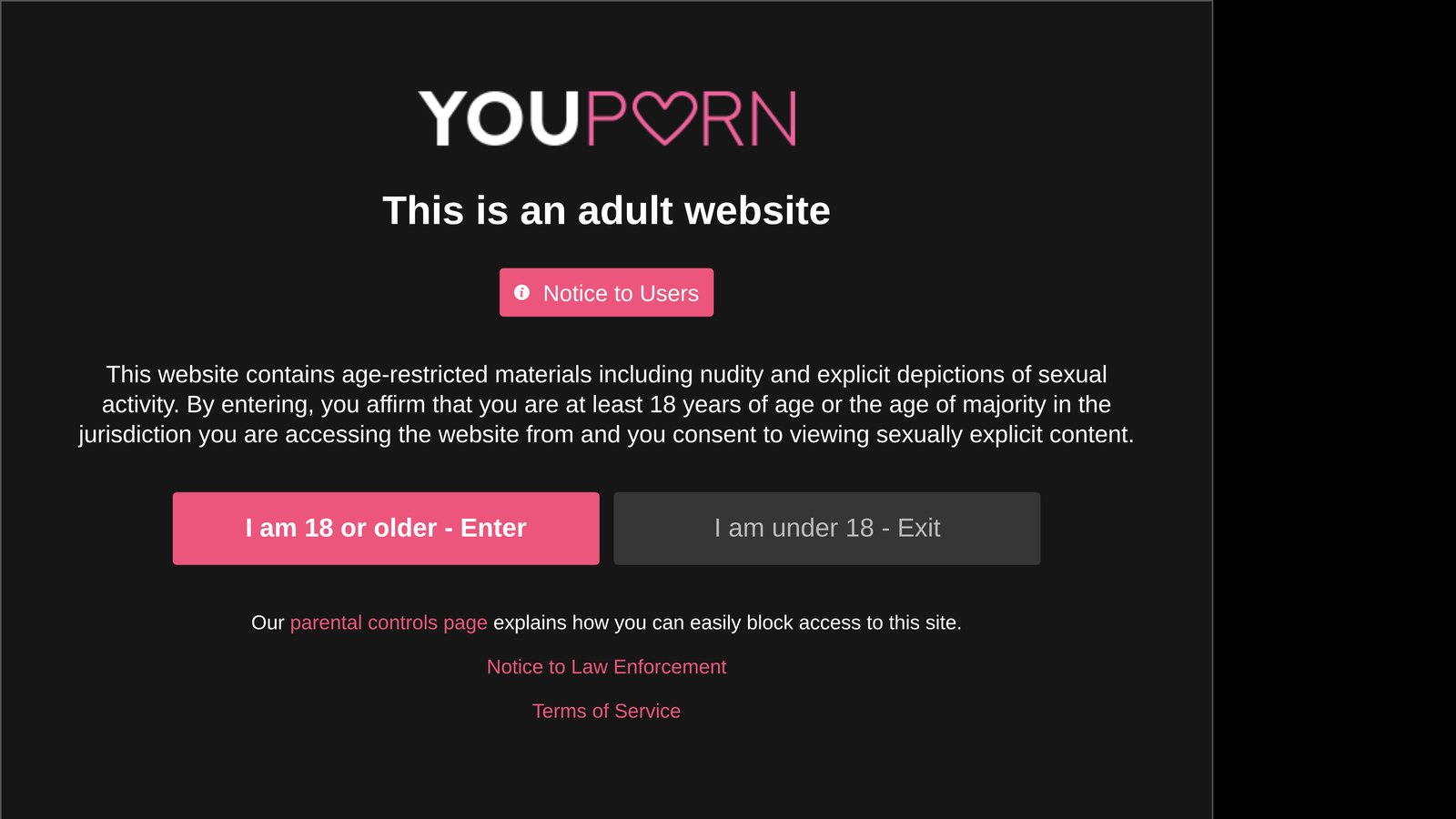 Věková brána youporn.com s anglickým textem This is an adult website a dvěma tlačítky pro vstup a odchod